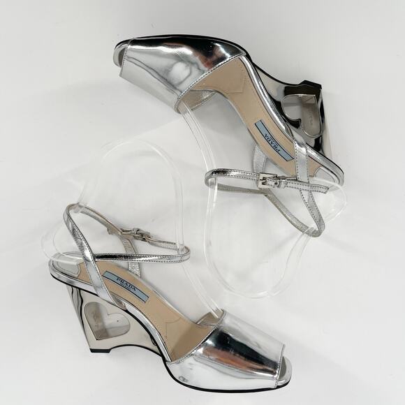Prada Metallic Silver Leather Heart Cutout Wedge Ankle Strap Sandal size IT 36 - Picture 4 of 16